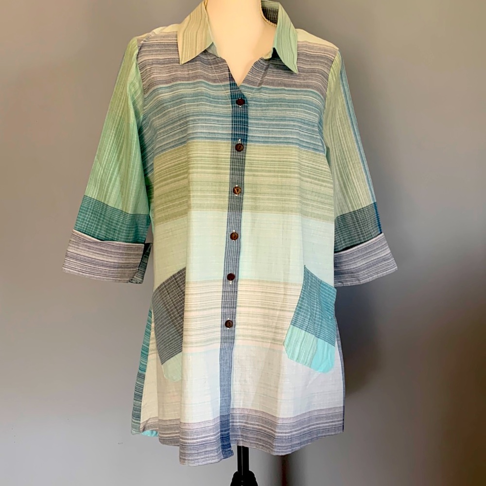 Anne French 100% Cotton Button Down W/ Pockets Blues & Greens Like New